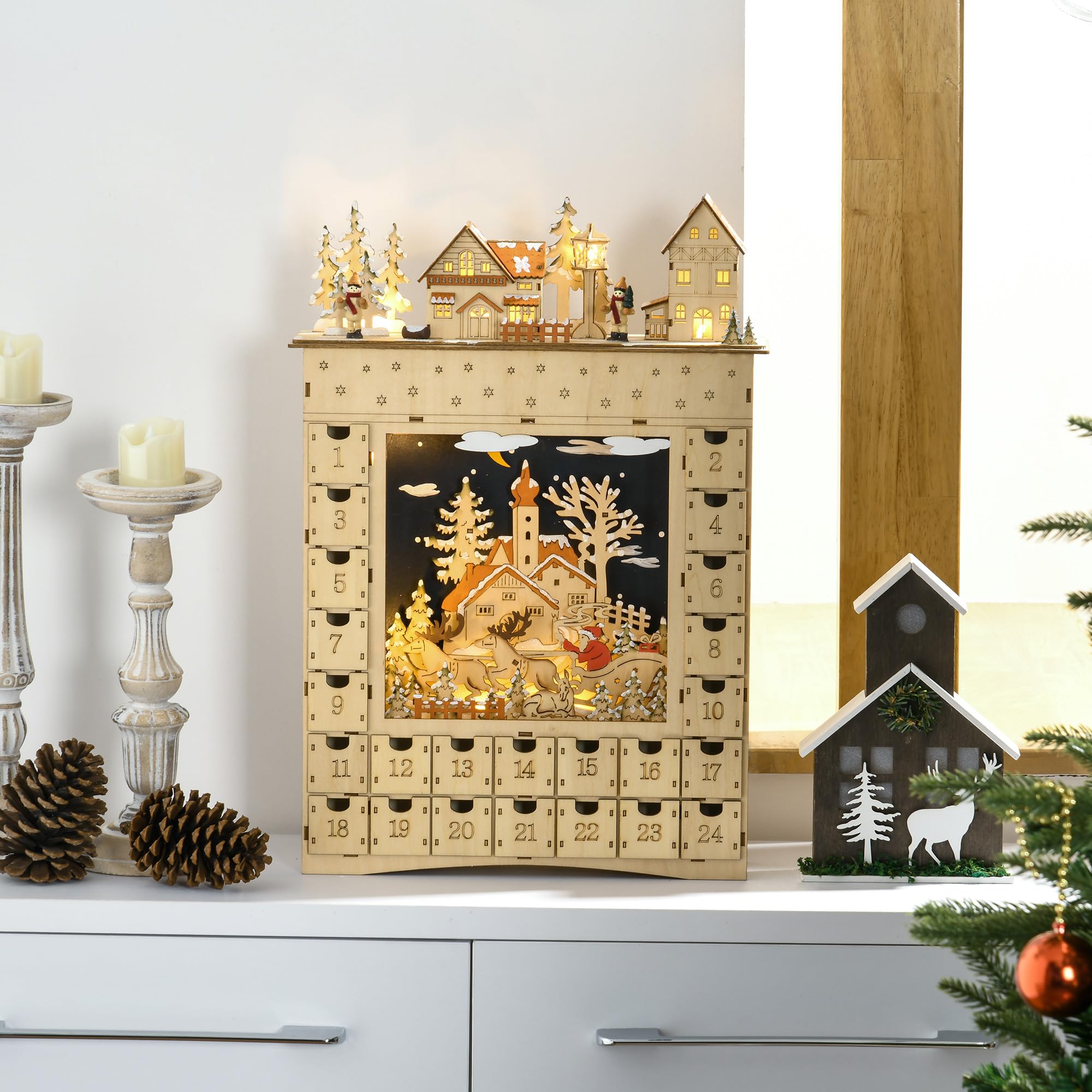 HOMCOM Christmas Advent Calendar, Light Up Wooden Holiday Decoration with 24 Countdown Drawers and LED Lights for Kids and Adult